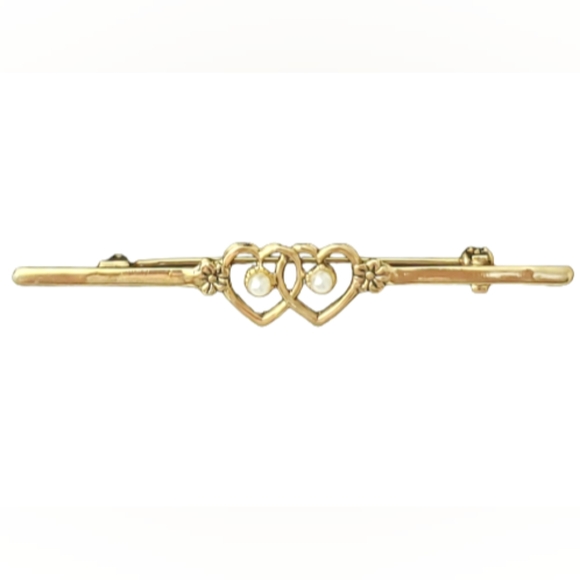 Gold Double Hearts Brooch on a bar with Pearl Centers and Dainty Flowers - Picture 1 of 5